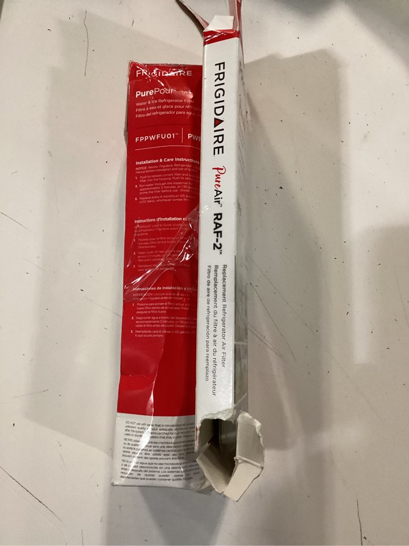Condition photo showing As Is for frigidaire purepour® pwf-1 (fppwfu01) & pureair® af-2 (frgpaaf2) water & air filter combo kit small combo kit