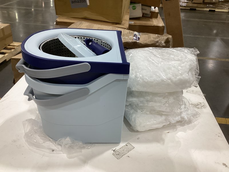 Condition photo showing As Is for casabella spin mop system with extra mop head refill - two-bucket design with splash guard built-in measuring cup and scraper tool with easy wring pedal spinner, 1.25-gallon, blue