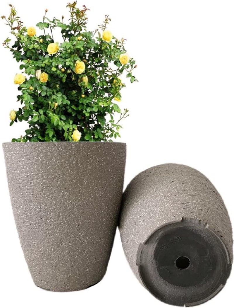 10 inch Plant Pots Stone Finish Lightweight Flower Planter with Drainage Hole for Outdoor Garden Pat