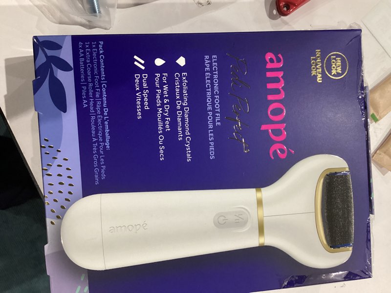 Condition photo showing Good Condition for amopé pedi perfect electric callus remover foot file w/ diamond crystals, pedicure tool for feet, removes hard & dead skin, feet scrubber & buffer, splashproof, w/ extra coarse roller head, 1 count