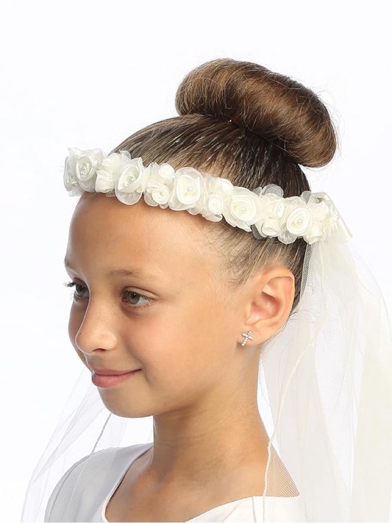Made in USA Holy Catholic Ivory First Communion Veils for Girls 7-16 Crown - 1st Velos Niñas Primera