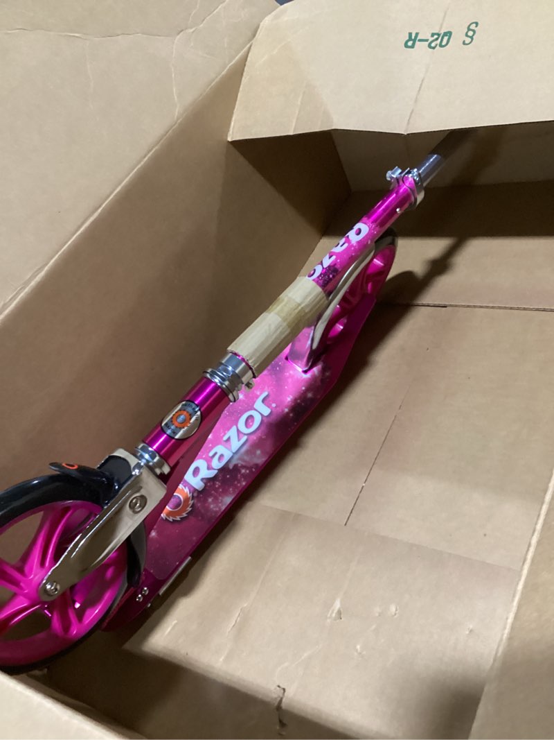 Condition photo showing As Is for razor a5 lux kick scooter for kids ages 8+ - 8" urethane wheels, anodized finish featuring bold colors and graphics, for riders up to 220 lbs pink scooter