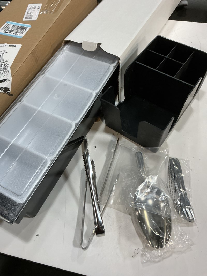 Condition photo showing Good Condition for Tessco Garnish Tray with Lid Bar Caddy Ice Cooled Condiment Serving Container with Stainless Steel Ice Scoop 3 Metal Mini Serving Tongs 3 Fruit Fork 3 Spoons for Food Home Party Kitchen(5 Grids)