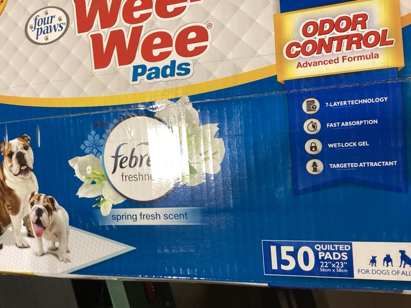 Condition photo showing New/Like New for four paws wee-wee odor control dog pee pads with febreze freshness | 150 count, spring fresh scent, neutralizes ammonia odors, pee pads for dogs & puppies, dog housebreaking, 22" x 23"