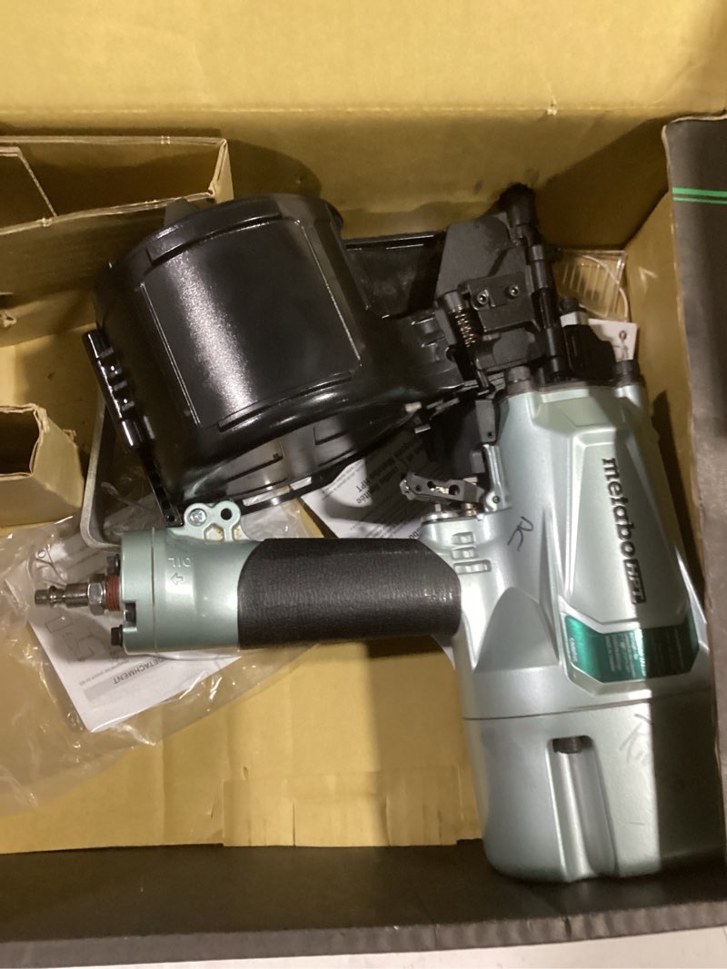 Condition photo showing As Is for metabo hpt coil framing nailer | pro preferred brand of pneumatic nailers | 15 degree magazine | accepts 2-inch up to 3-1/4-inch nails | ideal for wall sheathing, roof decking, & subflooring | nv83a5 metabo hpt nv83a5 only