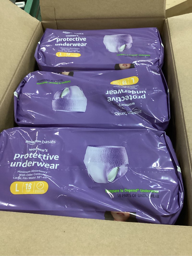 Condition photo showing New/Like New for Amazon Basics Incontinence Underwear for Women, Protective, Disposable, Postpartum, Maximum Absorbency, Large, Lavender, 54 Count (3 Packs of 18) Large 54.0