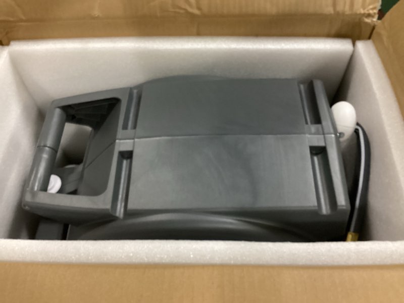 Condition photo showing New/Like New for retractable garden hose reel 1/2 in x82 ft, garden water hose reel with 7- function sprayer nozzle, any length lock/automatic slow return system,180° swivel bracket gray-white 1/2" 82ft