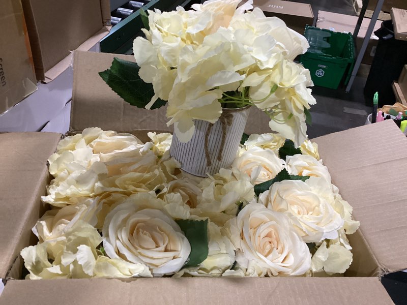 Condition photo showing Good Condition for flower table centerpieces - set of 6 floral arrangement artificial wedding hydrangeas floral arrangement with rustic metal vase for bridal tea party event decorations - champagne champagne set of 6 floral arrangement