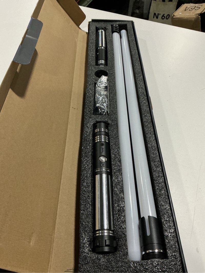 Condition photo showing Good Condition for Dueling Light Saber FX Lightsaber 2 Pack Rechargeable 24 Colors 6 Modes Sounds 2-in-1 Detachable Light Saber Toy for Kids and Adults Cosplay Swords Dress Up Parties Christmas Halloween Present Silver Vertical