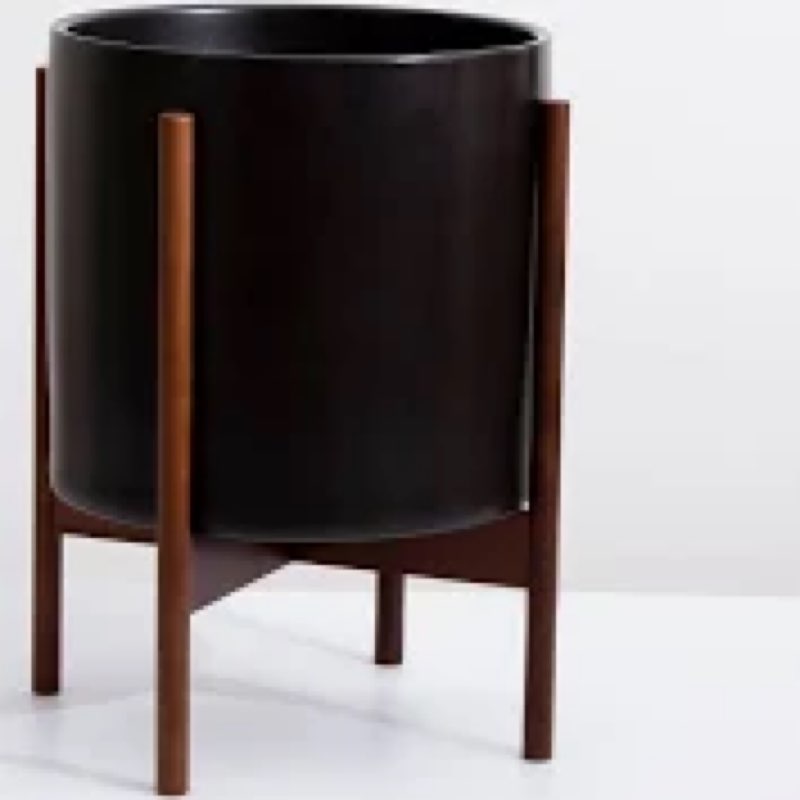 Venuma Mid Century Pot with Walnut Wood Stand - 12 inch Indoor Large Ceramic Planter for Plants, Flo