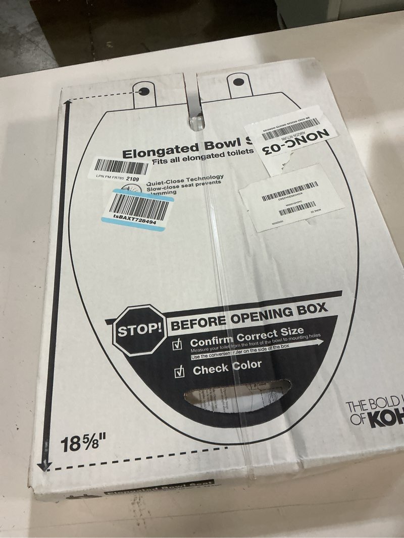 Condition photo showing New/Like New for kohler k-20110-0 brevia elongated toilet seat with grip-tight bumpers, quiet-close seat, quick-attach hardware, white