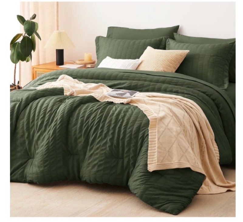 CozyLux Queen Comforter Set Navy Blue Seersucker 7 Pieces Bed in a Bag Queen Comforter Set with Sheets