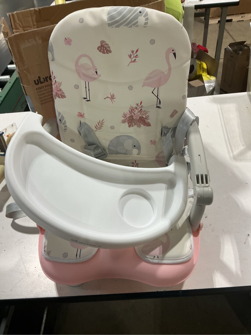 Condition photo showing Good Condition for ubravoo 2in1 portable toddler booster seat, grow with baby booster seat for dining table with removable tray & seat pad, high chair for travel, ace1013 pink flamingos