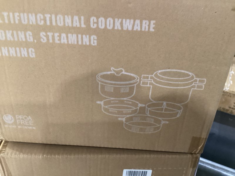 Condition photo showing New/Like New for VONIKI Ceramic Cookware Set, Nonstick Stock Pots With Stainless Steel Steamer for Cooking Pot Set, Soup Pot With Lid, Multipots with Steamer Basket for Pot, Pasta Strainer Insert, Pots and Pans Black