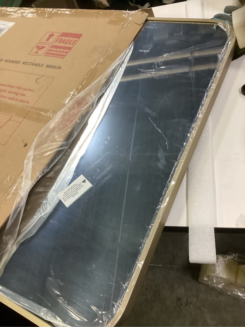 Condition photo showing New/Like New for Gold Mirror, 24x32 Inch Framed Rectangle Mirror with Rounded Corner, Brushed Brass Mirror, Gold Bathroom Mirror for Over Sink, Vanity, Living Room, Bedroom, Horizontal/Vertical 24"L x 32"W Gold(dark)