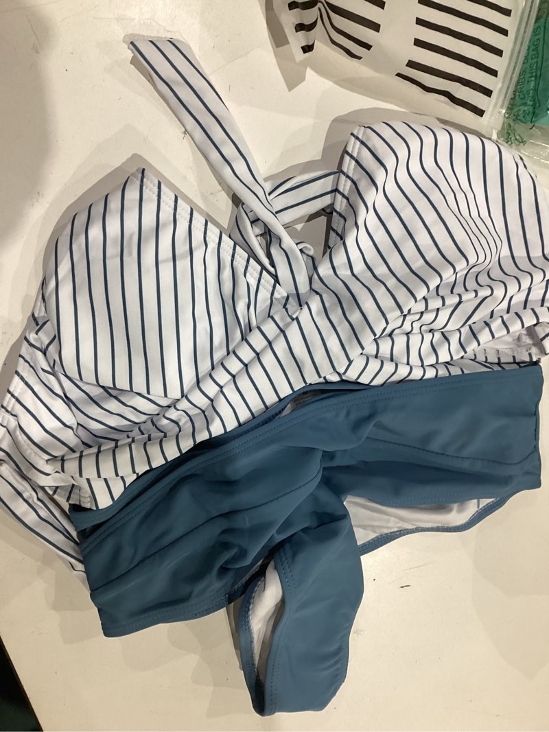Condition photo showing Good Condition for tashehe women's bikini set high waisted twist swimsuit colorblock halter two piece bathing suit 432 / stripe / blue medium