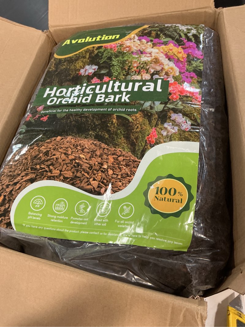 Condition photo showing Good Condition for avalution orchid potting bark - 29qt organic pine wood chips for plants, all natural potting mix for houseplant mulch, helps root health development 29 quarts small