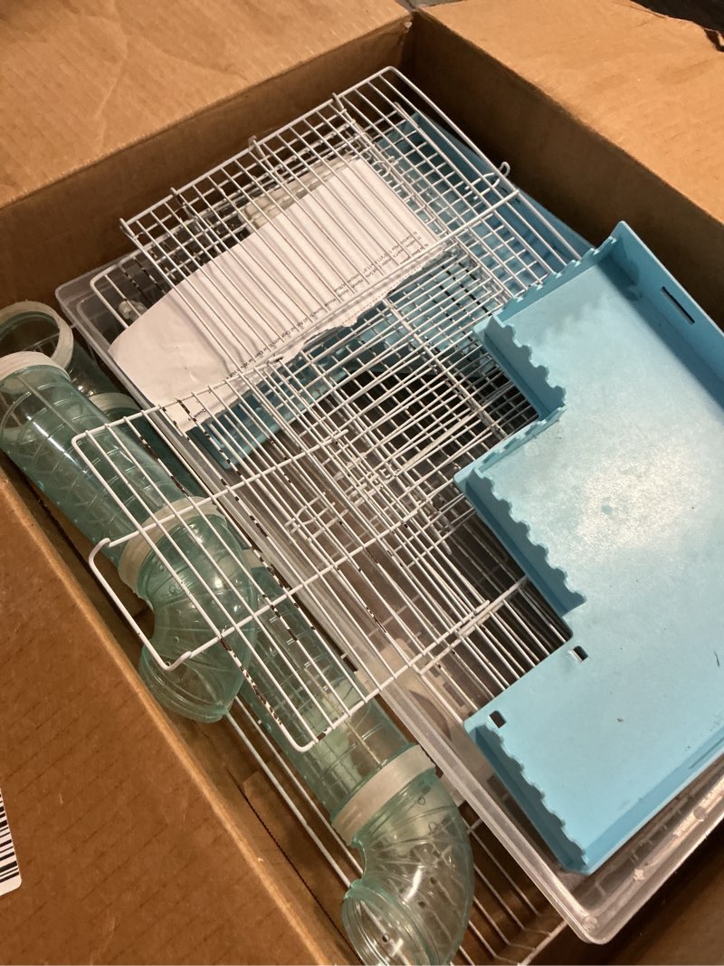 Condition photo showing As Is for tfwadmx dwarf hamster cage small hamster habitat mouse home small animal cage with tube exercise wheel hut rat habitat for gerbils mice 18.5“x11.8”x11.8“ transparent/blue