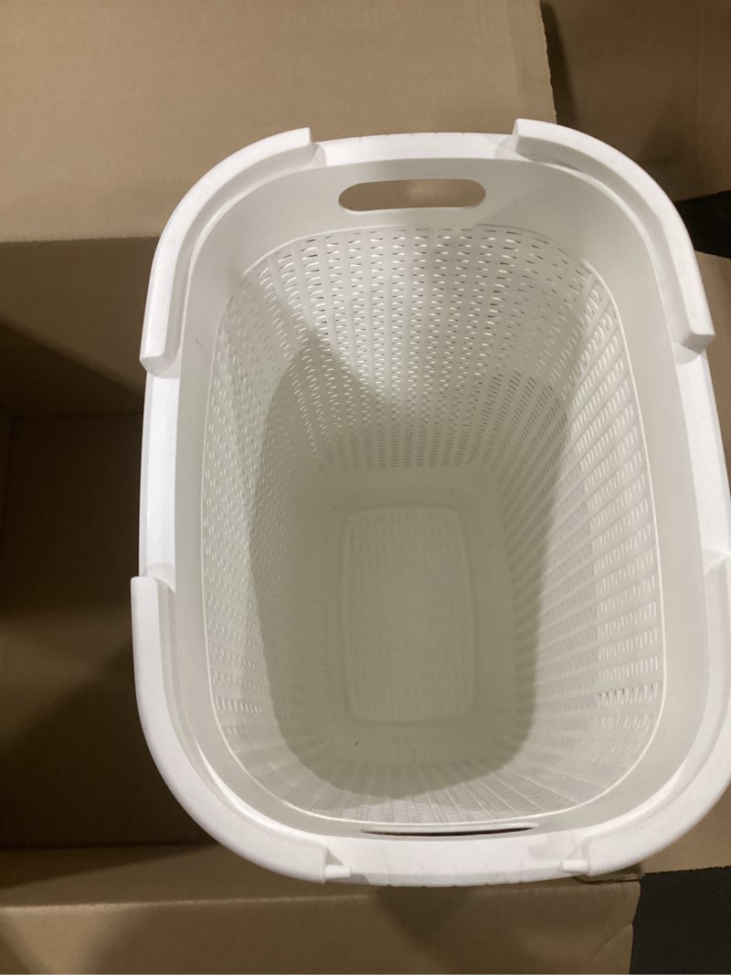 Condition photo showing As Is for (incomplete) mind reader slim laundry hamper with lid, 60l tall clothes basket, narrow tapered design for bathrooms, closets and laundry rooms, plastic, ivory ivory single