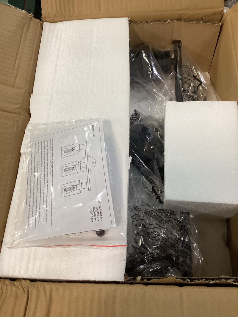 Condition photo showing New/Like New for Bathroom Vanity Light Fixtures 3 Light Black Wall Sconces Lighting with Clear Glass Shade Modern Bathroom Lights for Mirror Kitchen Living Room Gallery, E26 Base Black 3 Lights