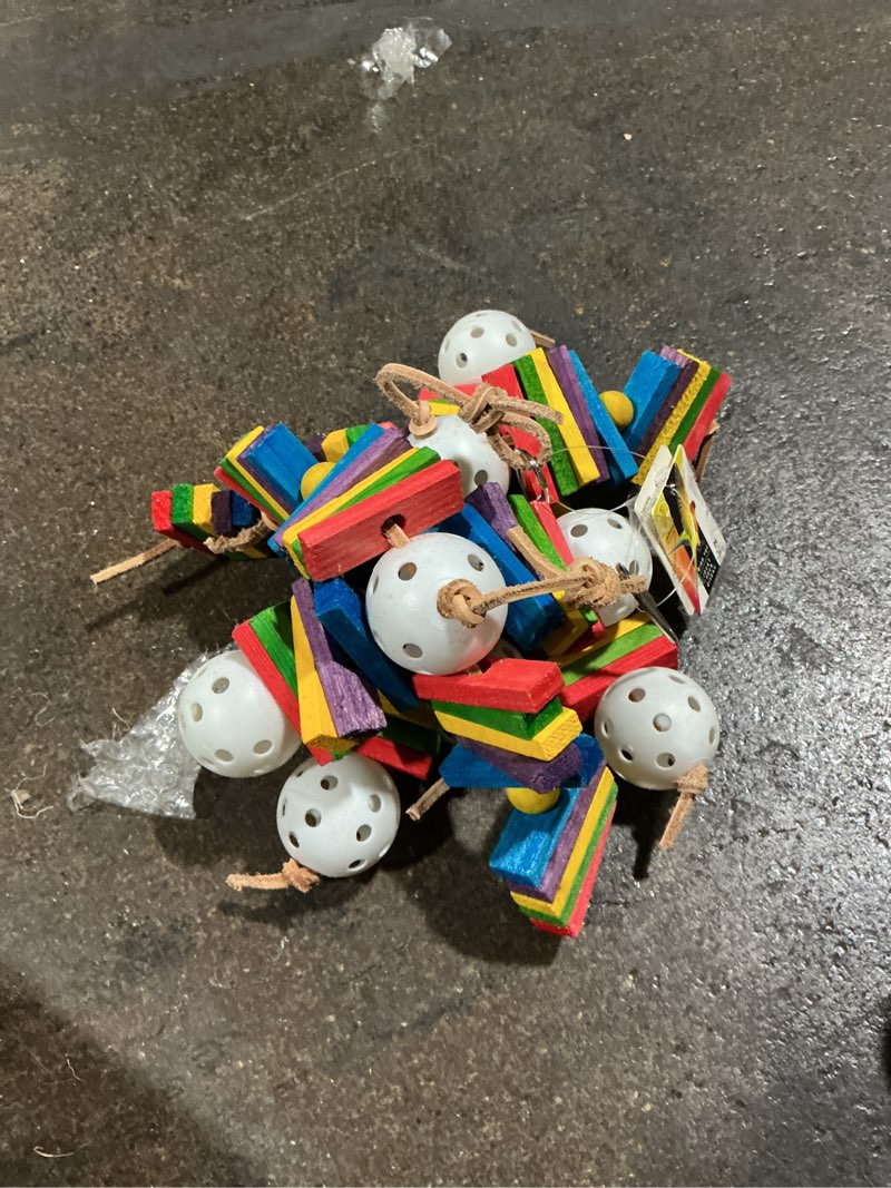 Condition photo showing Good Condition for (Similar to stock photo) (bidding on 2) Super Bird Creations - SB440 4 Way Play Bird Toy - Colorful Wooden Blocks, Ringing Bell, and Bird Swing - Perfect Chew Toys for Mini Macaws, Parrots and African Greys - Ideal for Large Birds