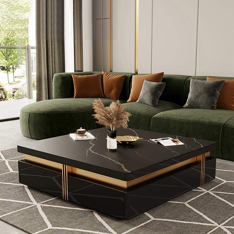 43.3" Modern Black Square Storage Coffee Table Stone Top & 4 Wood Drawers (box #2 only)