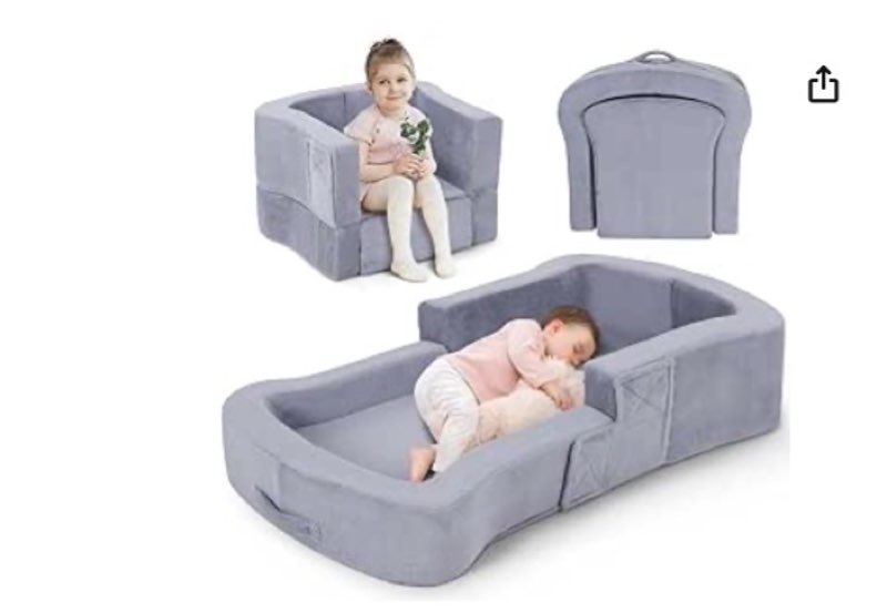 Portable Toddler Travel Bed, 2-in-1 Foldable Toddler Bed Sofa Chair, Soft Baby Kids Travel Floor Cot