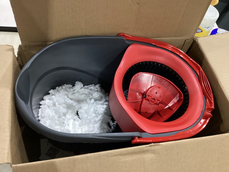 Condition photo showing As Is for *incomplete missing stick* o-cedar easywring microfiber spin mop, bucket floor cleaning system, red, gray, standard