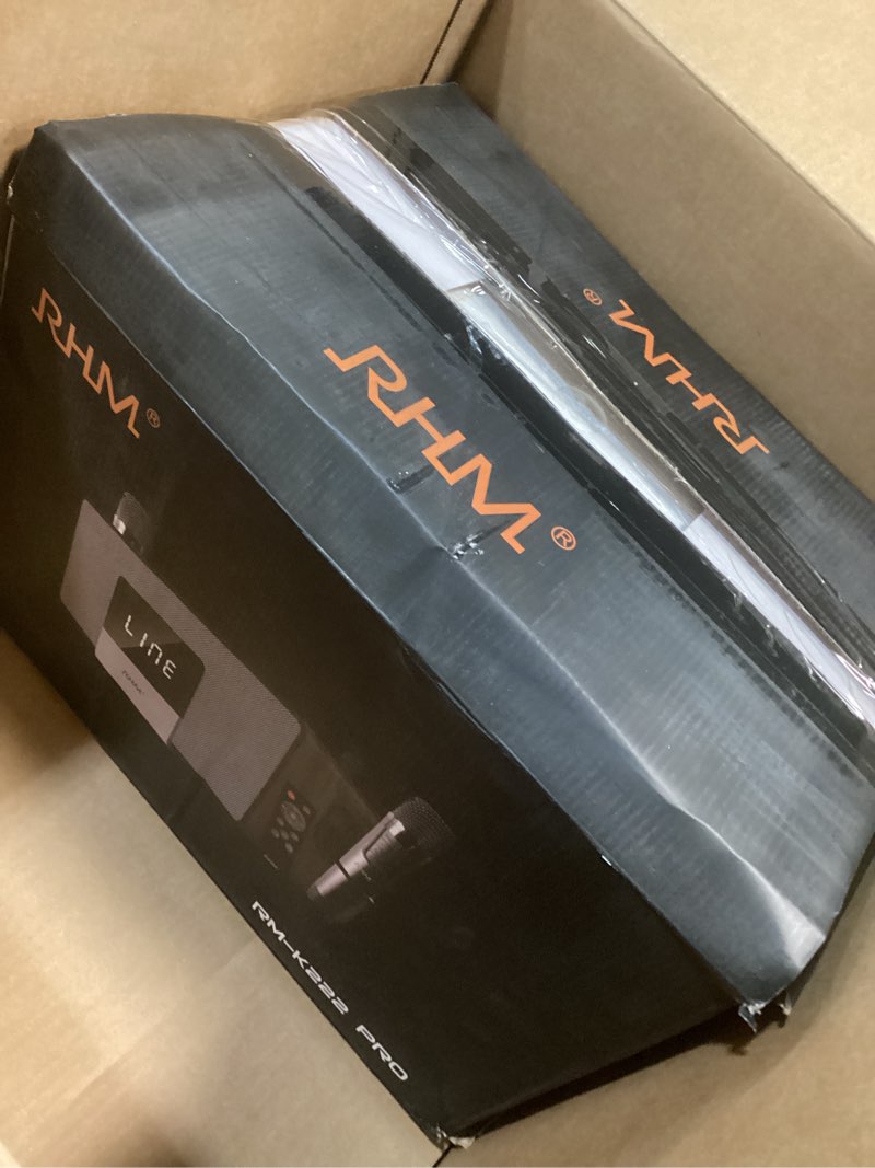 Condition photo showing Good Condition for rhm k222 karaoke machine, connect to tv/sound bar/dvd, support 3 mics, 90ft range for wireless mic working, bass & treble adjustable, support optical/bluetooth/line in/line out, for home party wooden