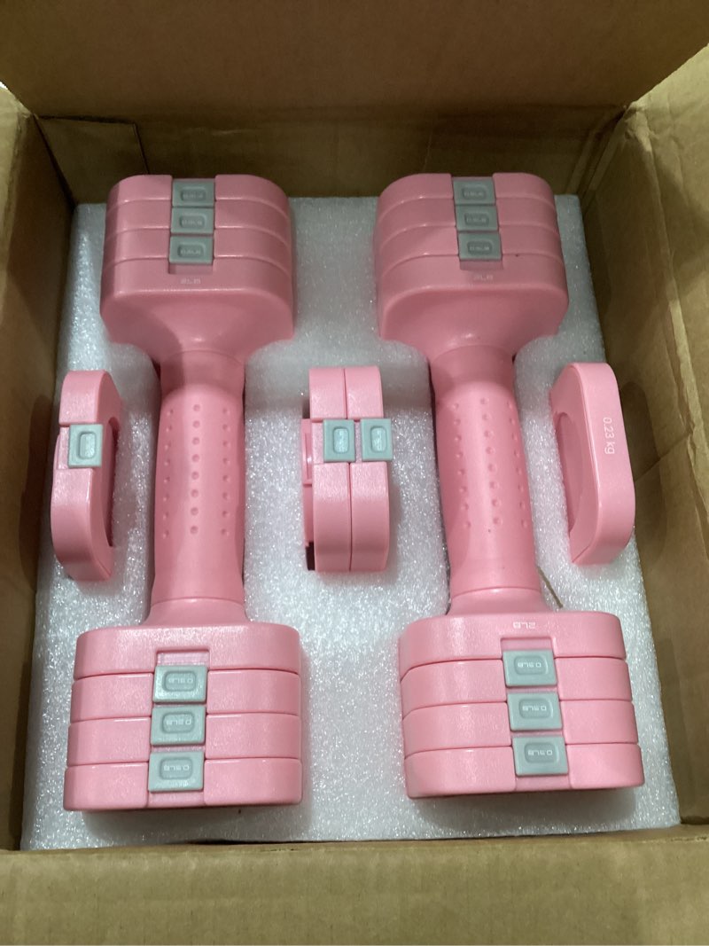 Condition photo showing New/Like New for feierdun 5-in-1 adjustable dumbbell set of 2, 12lbs/20lbs hand weights for women, men, 1s-adjust dual-stable dumbbell set for women home gym & outdoor 6lbs pair (12lbs total) b-cute pink
