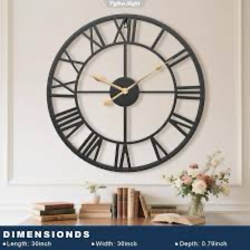 pytha sight 30 inch extra large giant wall clock,oversized round silent vintage industrial black met