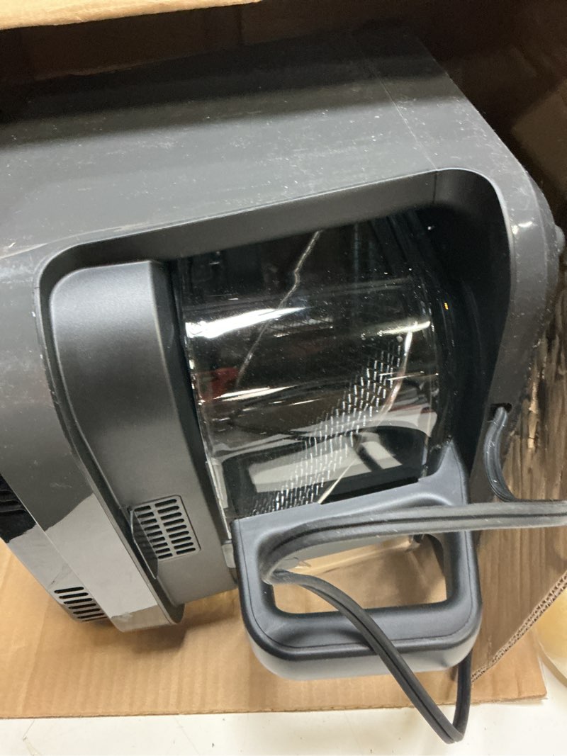 Condition photo showing As Is for nutrichef 5.8 quart air fryer | 8-1 preset cook modes | transparent fry bowl for best cooking results | cook shrimp, steak, fries, wings, chicken & more | precise temperature control & time | grey