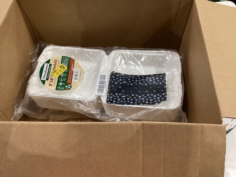 Condition photo showing item condition for freshware compostable clamshell food containers - 8x8" 50-pack, biodegradable sugarcane to go boxes, heavy duty paper container - microwave & freezer safe, stackable 8 x 8 inch 50.0