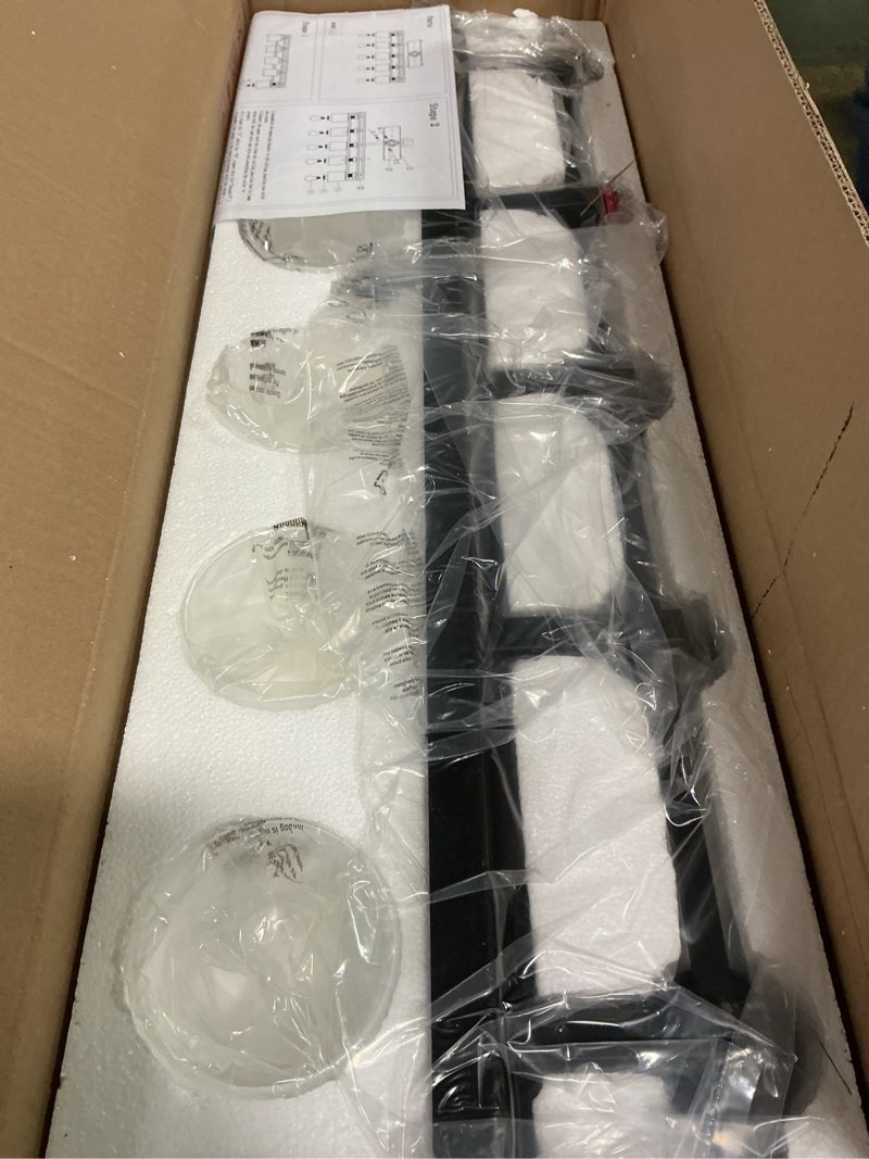 Condition photo showing Good Condition for 5 Light Modern Bathroom Light Fixtures Over Mirror, Black Vanity Lights for Bathroom Wall Sconces with Milky White Glass Shades, E26 Socket (Bulbs Not Included) Black 5-Lights