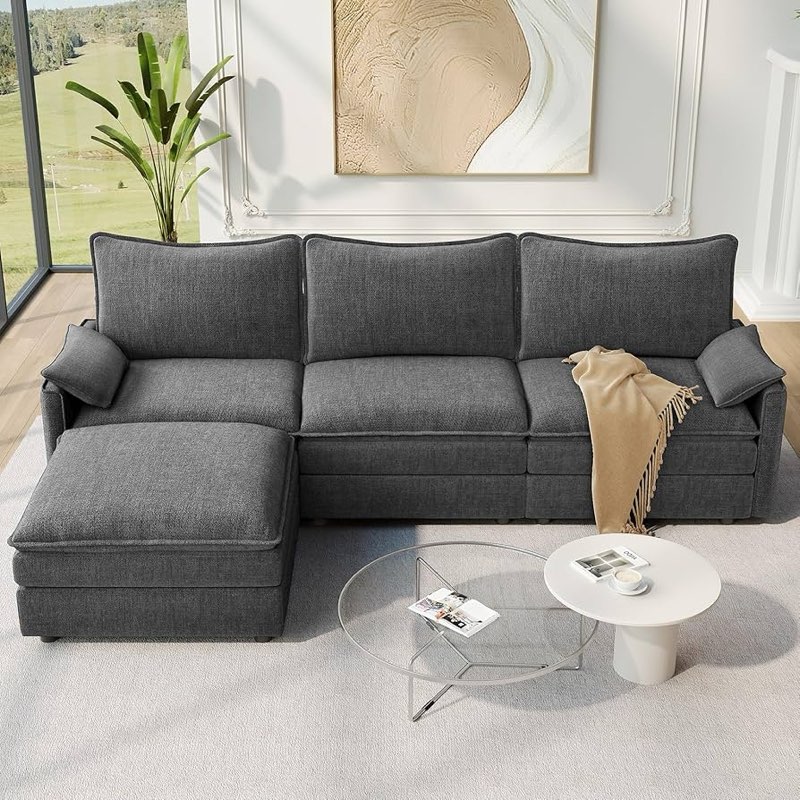 Vesgantti 108\" Modular Sectional Sofa, Comfy Cloud Couch with Movable Ottoman Deep Seat Chenille L Shaped Modular Sofa, Sectional Couches for Living Room, Bedroom and Apartment, grey(incomplete box a)