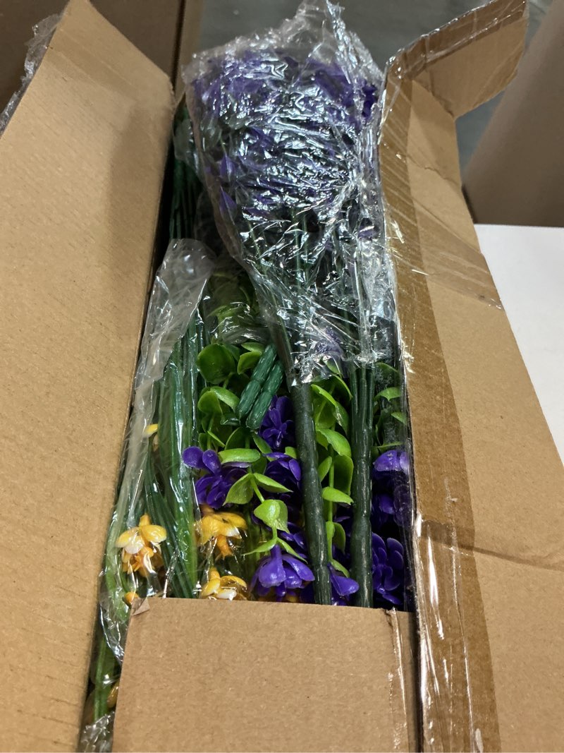 Condition photo showing Good Condition for hananona artificial flowers outdoor, faux artificial plants uv resistant plastic flower bulk for hanging planter porch window home wedding fall summer decor (24, fuchsia, purple, yellow, green) 24 fuchsia, purple, yellow, green