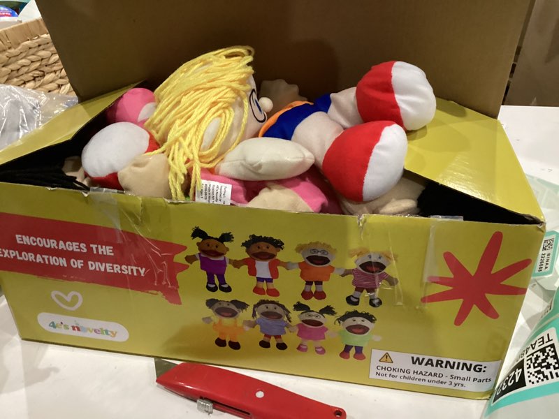 Condition photo showing As Is for 4E's Novelty Multicultural Hand Puppets for Kids - 8 Pack with Movable Mouth, Bulk Soft Plush Puppets for Kids Ages 4-8, for School Home Theater Shows, Teachers Classroom Supplies