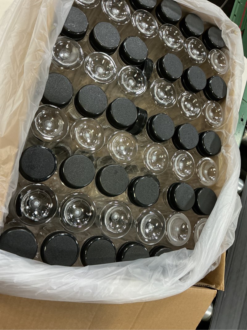 Condition photo showing New/Like New for holotap 54 pack 7oz plastic bottles with caps, empty pet disposable plastic juice bottles bulk for liquids with black tamper evident lids (7 oz, black) 7 oz black