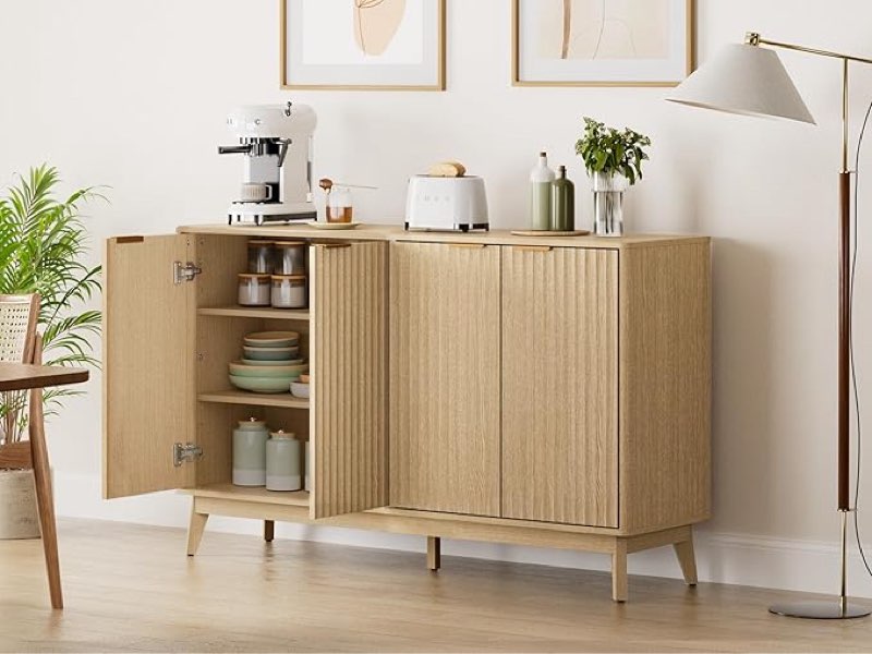 fluted sideboard buffet cabinet with storage, 55'' large credenza accent cabinet for living room entryway dining room, media console table with adjustable shelves & solid wood legs, natural oak