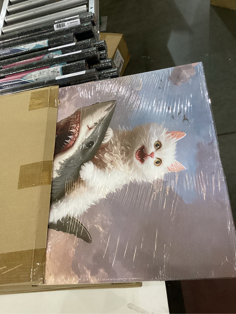 Funny Cat Riding Shark Canvas Wall Art Quirky White Cat Picture Wall Decor Humorous Whimsical Animal