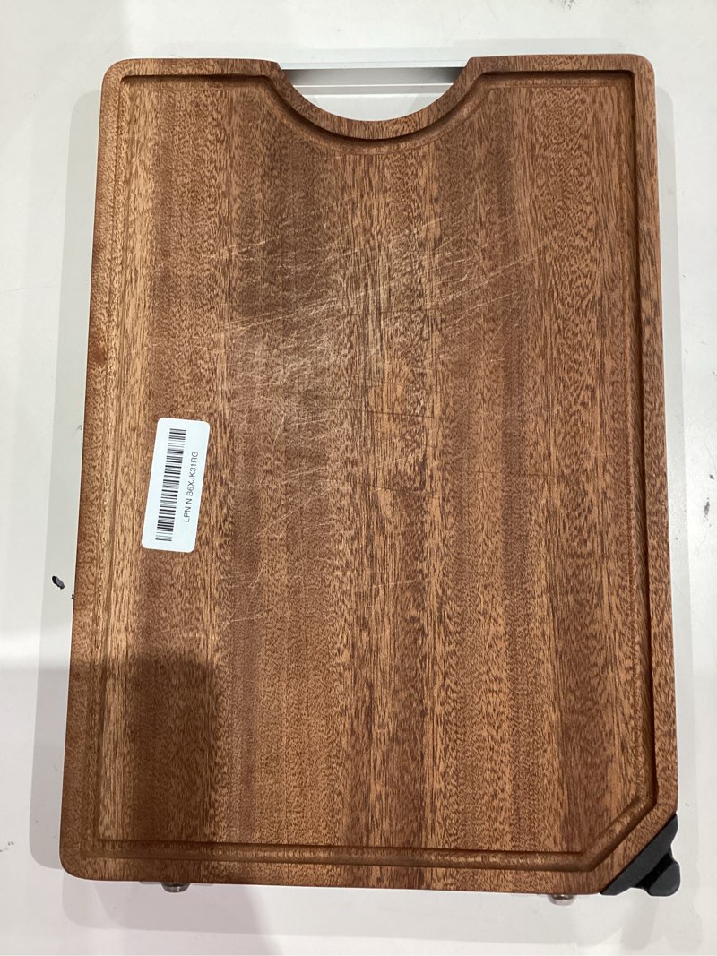 Condition photo showing As Is for kitchen ebony cutting board - with built-in knife sharpener, reversible for double sided use, juice chute, stainless steel handle, non-slip feet,wooden chopping board, cooking gift (gift box)
