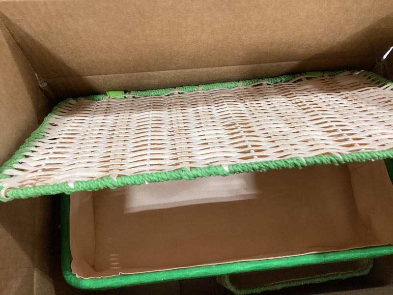 Condition photo showing Good Condition for scalloped hyacinth wicker basket for toy storage | 3 pack woven storage baskets | decorative storage baskets for shelves | rattan baskets for bedroom by novaheavensnest (beige & green liner)