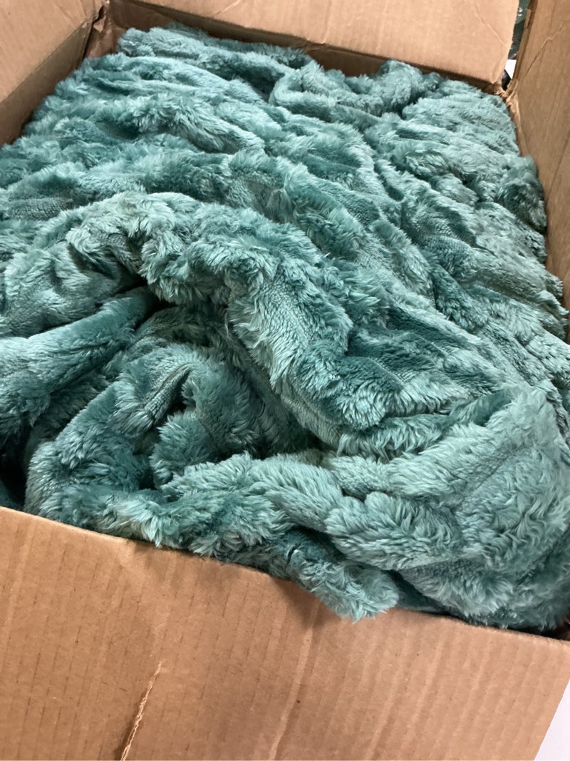 Condition photo showing As Is for exclusivo mezcla fuzzy faux fur throw blanket, reversible shaggy sherpa fleece blankets, fluffy plush warm throws for couch, bed, 50x60 inches, teal teal throw(50"x60")