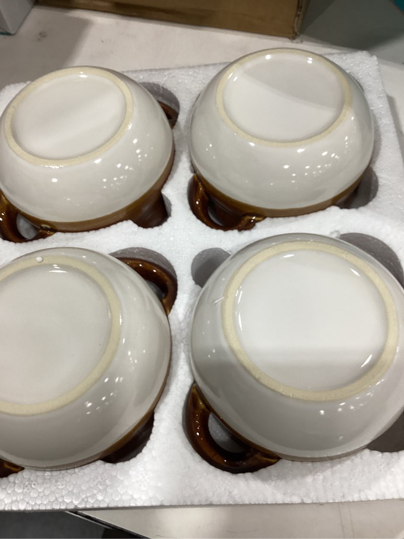 Condition photo showing Good Condition for vumdua french onion soup bowls with lids and handles, 16 oz ceramic french onion soup crocks for chilli, cereal, cereal, pot pies, oven, broil & dishwasher safe, set of 4 16 oz with lids