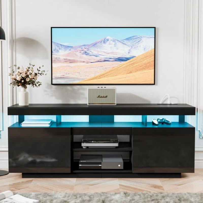 ((Incomplete box 1 of 2))Modern TV Stand for TVs up to 70\" with Charing Station & LED Lights Wood TV Cabinet Media Console for PS5 Gaming LED Entertainment