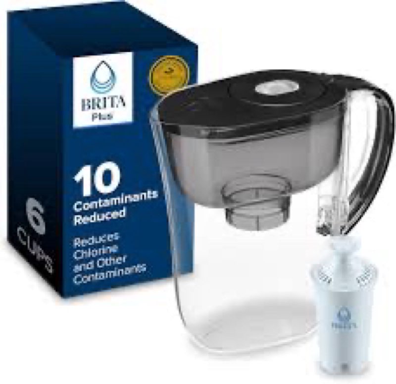brita small 6 cup water filter pitcher, 1 britaplus filter, metro, black (package may vary)