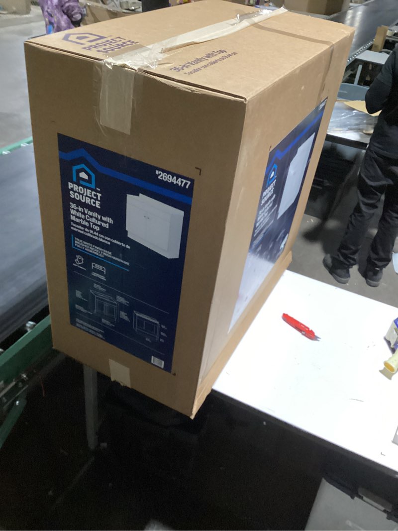 Condition photo showing Good Condition for Project Source 36” Bathroom Vanity with Ceramic Sink, Bathroom Vanity Cabinet with 2 Doors, 36 Inches Wooden Bathroom Sink Cabinet, White (top has a crack)