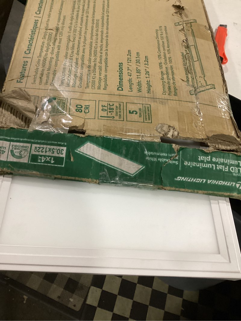 Condition photo showing As Is for lithonia lighting cpanl 2x4 led flat panel light, 2 ft. by 4 ft. led light panel, ceiling lighting fixture, 4000 lumens, 3500k/4000k/5000k switchable cct, includes direct ceiling mount bracket, white 2-foot x 4-foot 4,000 lumens switchable white