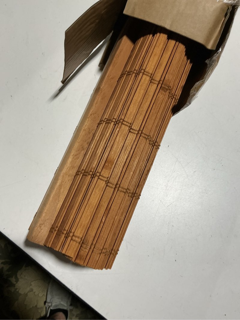 Condition photo showing As Is for cordless bamboo roman shades for windows, blinds size (30" w ×64" h) colour (highfield teak) highfield teak 30" w × 64" h