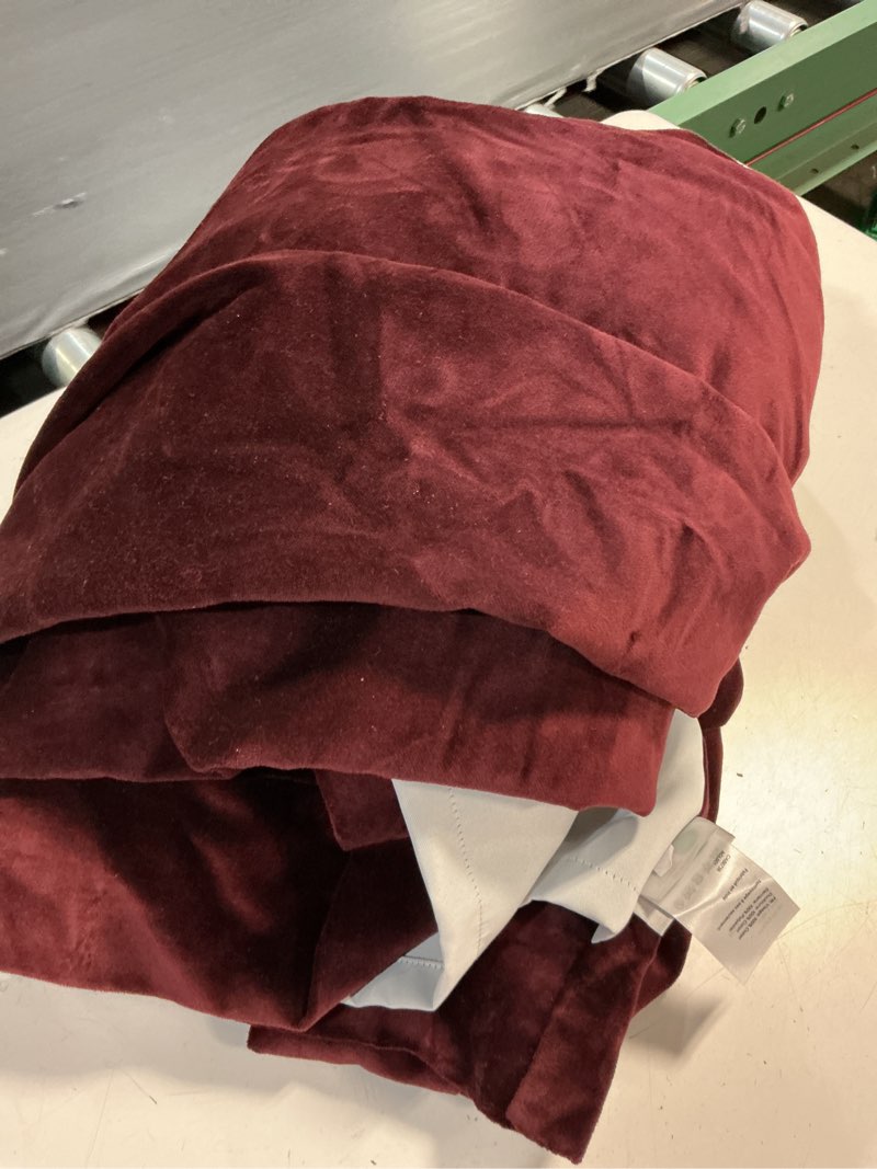 Condition photo showing As Is for cotton velvet room darkening curtain - single panel, 48x108, bordeaux pcs 1